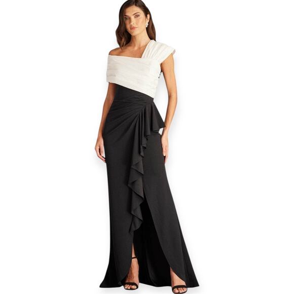 Tadashi Shoji Two Tone Asymmetrical Ruffled Evening Gown Black & White Large - Picture 1 of 16